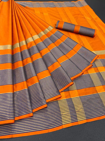 Latest Solid Aura Cotton Silk Saree With Striped Border Roposo Clout